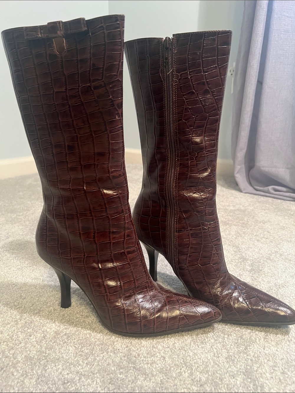 Croc-Embossed Brown Pointed-Toe Mid-Calf Heeled Boots